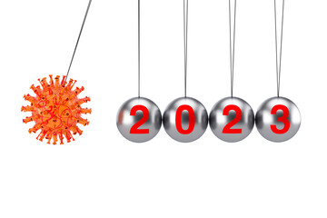 2023 Year World Crisis Concept. Coronavirus COVID-19 Cell Attack Newtons Cradle Balancing Ball with 2023 Year Sign. 3d Rendering