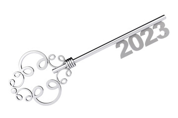 Silver Vintage Key with 2023 year Sign. 3d Rendering