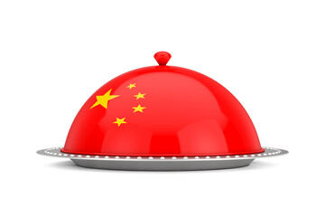 China Food Concept. Silver Plate and Food Cover Restaurant Cloche with China Flag. 3d Rendering