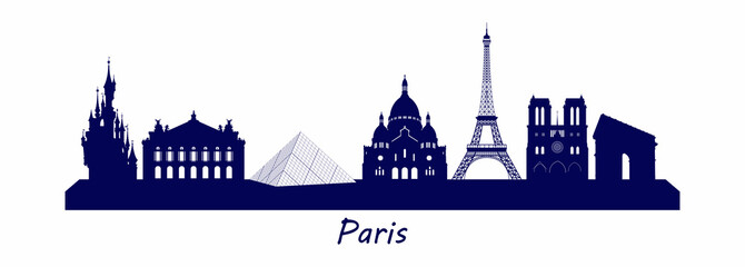 Famous Paris landmarks and historical buildings. Panoramic view of Paris, city silhouette. Eiffel Tower, Louvre, Sacred Heart, Notre-Dame de Paris, Arc de Triomphe, Palais Garnier, Disneyland. - obrazy, fototapety, plakaty