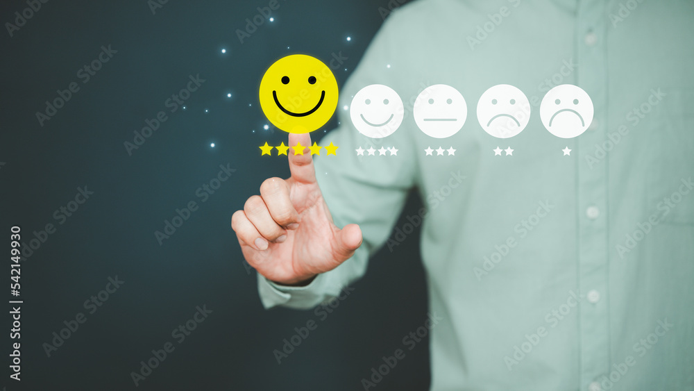 Aufkleber man touching the virtual screen on the happy smiley face icon to give satisfaction in service. ratin