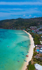 Fototapeta premium Aerial view of Loh Dalum and tonsai beach in koh Phi Phi islands, Krabi, Thailand