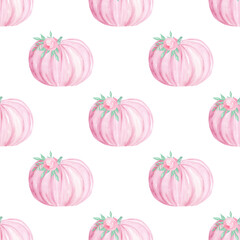 Watercolor pink pumpkins seamless pattern on white background.