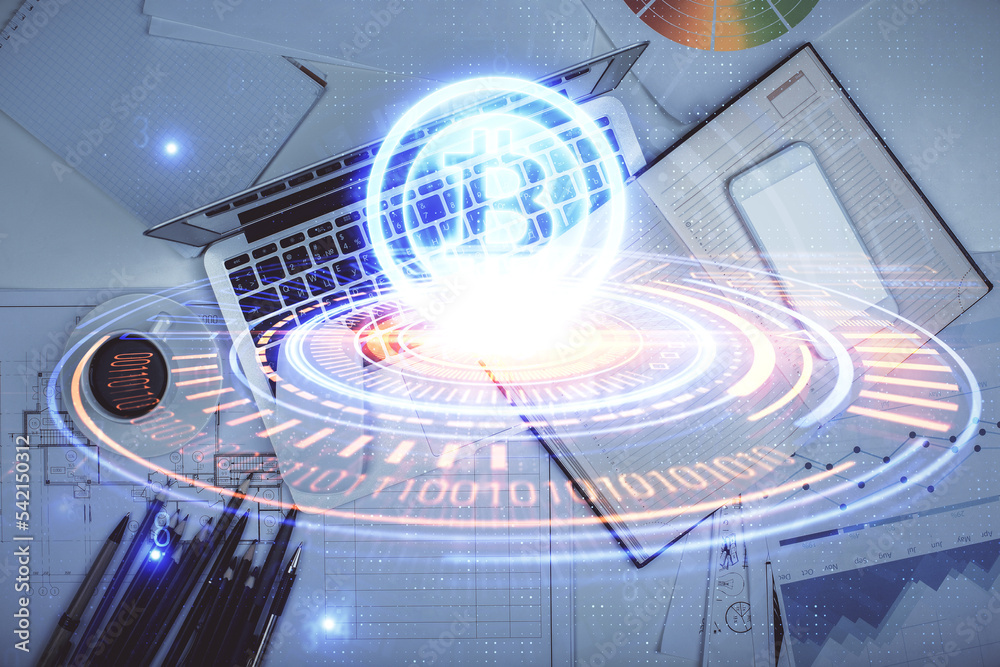 Poster Blockchain theme hologram drawings over computer on the desktop background. Top view. Multi exposure. Concept of cryptoeconomy.