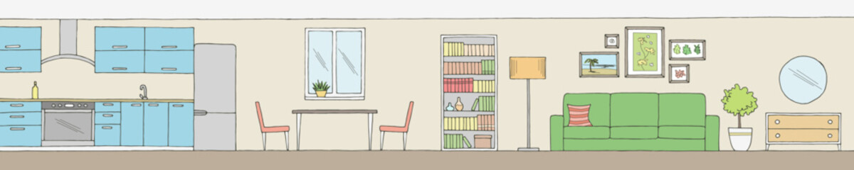 Apartment interior graphic color long sketch illustration vector 
