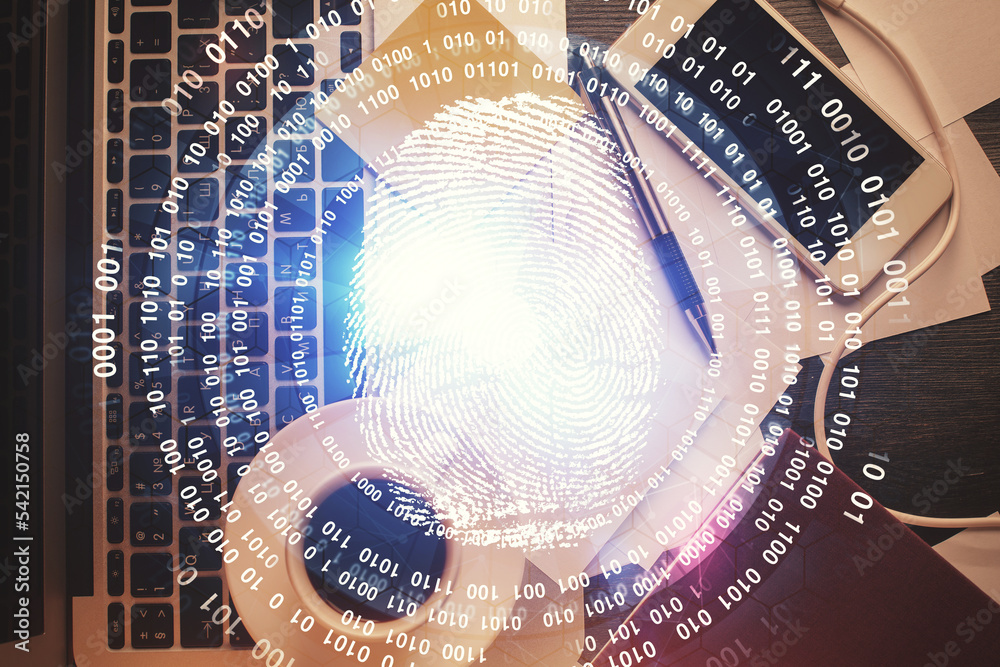 Poster Finger print over computer on the desktop background. Top view. Double exposure. Concept of securitization.