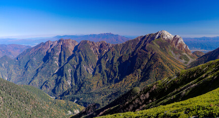 秋　南アルプス仙丈ヶ岳山頂からの風景　甲斐駒ヶ岳、八ヶ岳遠景