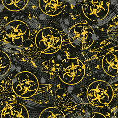 Seamless bright camouflage pattern with Biological hazard symbol, paint brush strokes, skull and crossbones, hexagon net. For apparel, fabric, textile, sport goods. Grunge texture