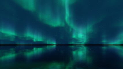 3d render of aurora borealis lights on sea.