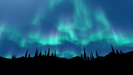 3d render of aurora borealis lights in the starry sky with pine trees silhouette.