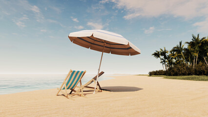 Sea and beach with sunbeds and umbrella with palm trees in the background. 3d illustration