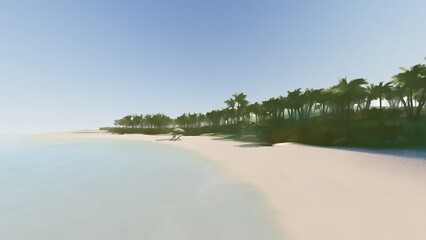 Drawing of an island seaside with a long beach and palm trees in the background. 3d illustration.