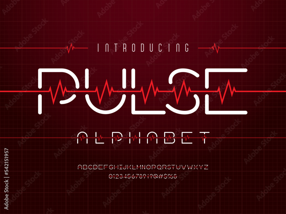 Fototapete heartbeat pulse line style alphabet design with uppercase, numbers and symbols