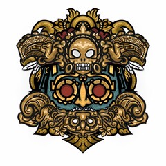 illustration monster head with gold floral traditional ornament for t-shirts design