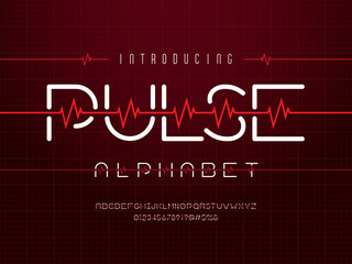 Heartbeat pulse line style alphabet design with uppercase, numbers and symbols - obrazy, fototapety, plakaty