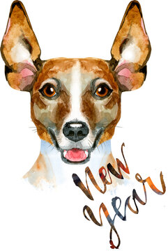 Cute Dog. Dog T-shirt graphics. watercolor jack russell terrier illustration with the inscription New Year
