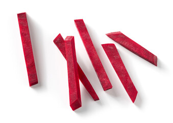 beetroot sticks isolated on white background, top view