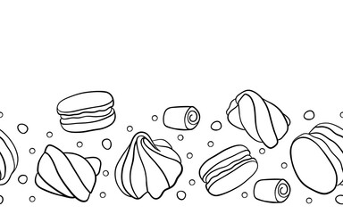 Candy_horizontal_patternPastry doodle background pattern. Hand drawn cakes  wallpaper. Isolated objects on white.