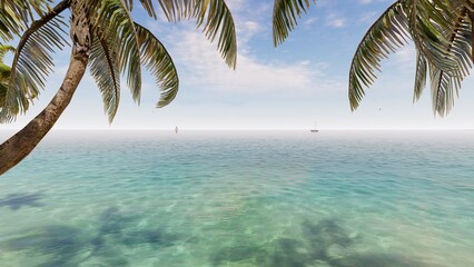 Dramatic daytime view of calm sea and a bright sky with palm trees and sailing boat. View from a tropical island. 3d render.