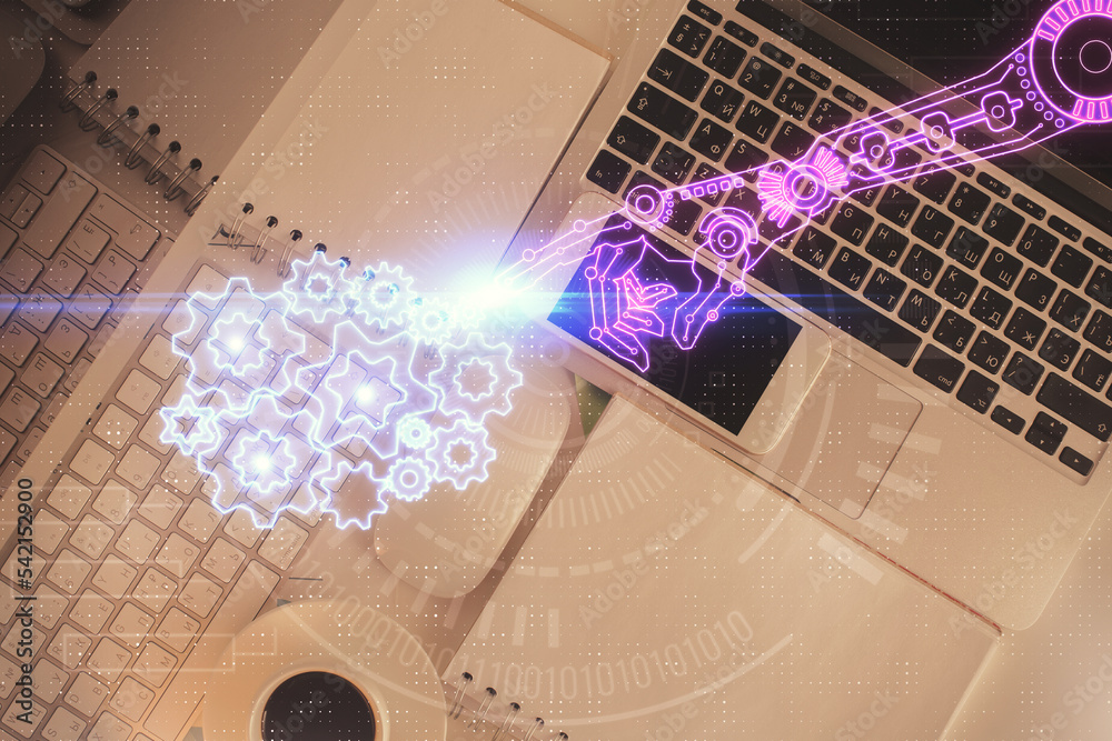 Aufkleber Multi exposure of data theme drawing hologram over topview work desk background with computer. Concept of technology.