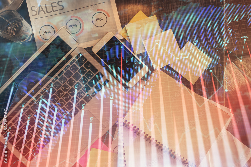 Poster financial market graph and top view computer on the desktop background. multi exposure. investment c
