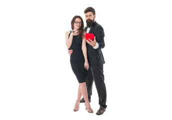 Make her happy. Happy valentines day. Hipster giving red heart love symbol. Happy together. Share sincere feelings. True love concept. Happy couple in love formal outfit black dress white background