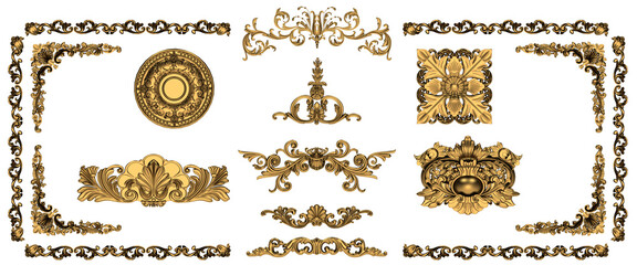 Decorative noble golden vintage style ornamental stucco and plaster embellishment elements for anniversary, jubilee and festive designs - obrazy, fototapety, plakaty