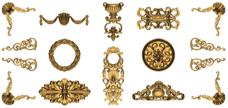 Decorative noble golden vintage style ornamental stucco and plaster embellishment elements for anniversary, jubilee and festive designs