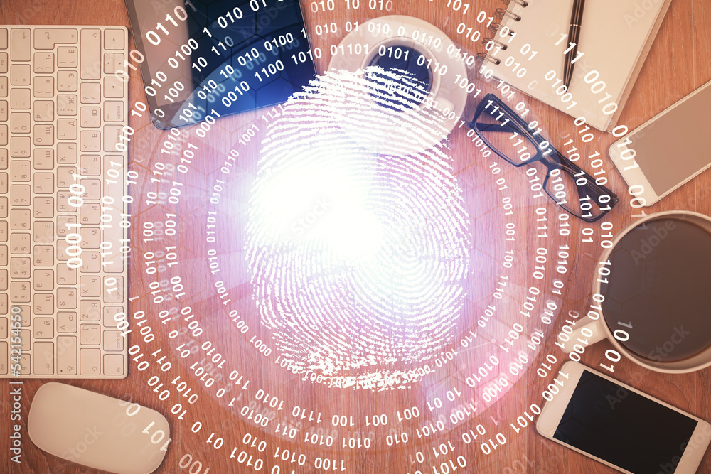 Aufkleber Double exposure of finger print over table with phone. Top view. Concept of mobile security.