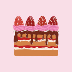 Sweet strawberry cake. Vector illustration on soft pink background