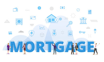 Obraz na płótnie Canvas mortgage concept with big words and people surrounded by related icon spreading with modern blue color style