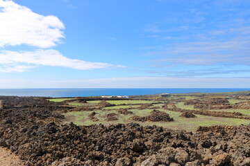 Fototapeta na wymiar vulcanic landscape with vulcanos and craters on lanzarote, canary islands, spain