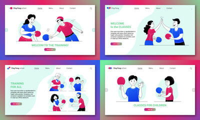 Table tennis training for all web banner templates set. Welcome to ping pong classes, sport club landing page. People leisure activities concept cartoon thin line cartoon vector illustration