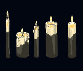 set of ligtning wax candles in dark deep old light style icon isolated on white background
