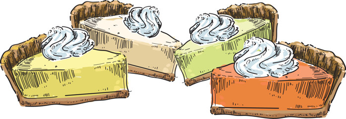 set of different flavours with cream on top cheesecake lemon pumpkin lime vector drawing dessert sweet illustration sugar food isolated on white background