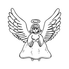 Coloring book Christmas angel spread wings. Cute cartoon character. Hand drawn line art black white illustration. Coloring page for kids and adults.