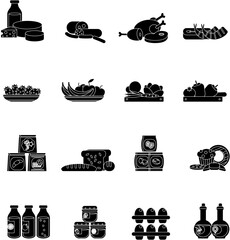 Supermarket with food items black and white flat vector collection set