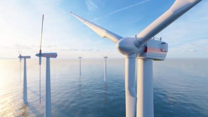 Windmill farm on the sea 3d render. © dugu