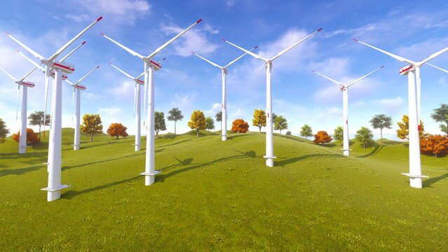 3d render of wind turbines in the field with trees behind.