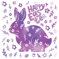 Happy Easter card. Watercolor drawing of a rabbit, flowers, eggs, and text. Gentle beautiful vector illustration.
