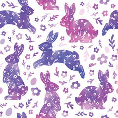Watercolor drawing of a rabbit, flowers, eggs. Gentle beautiful vector illustration. Purple seamless pattern for fabric, wrapping paper, and wallpaper.
