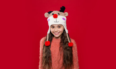 positive teen girl wear sweater and winter fashion hat in studio. winter fashion for teen girl.