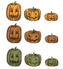jakc o lantern pumpkin crawing Hand-Drawn halloween spooky decoration tradition Autumn october Pumpkins different typesIllustration isolated on white background