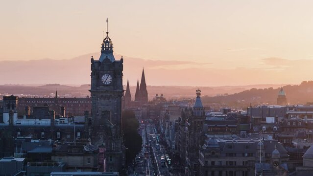 time lapse sunset, Edinburgh city skyline from Calton Hill, United Kingdom