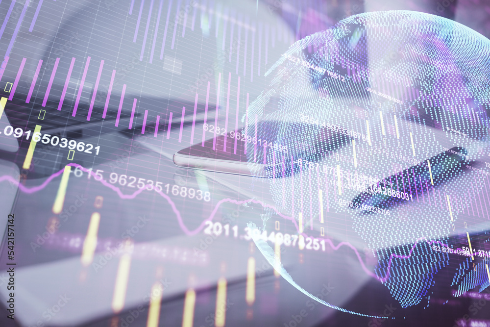 Poster double exposure of forex graph drawing and cell phone background. concept of financial data analysis