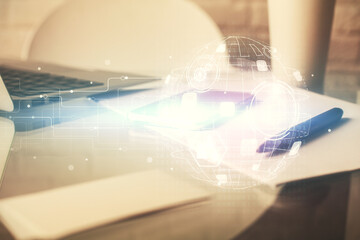 Double exposure of social network theme drawing and cell phone background. Concept of people...