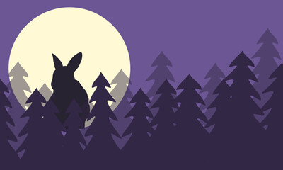 Purple background rabbit in the moon Forest pine tree Night sky