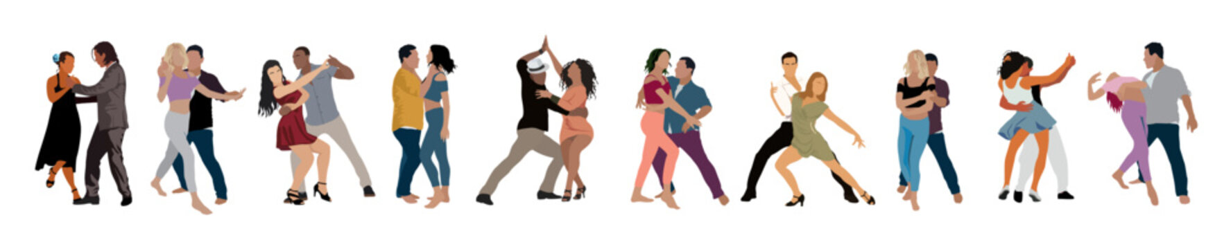 Dancing People, Dancer Bachata, Salsa, Lambada, Tango, Latina Dance. Set of couple people in different dance poses. Cartoon style flat vector realistic illustrations isolated on white background.