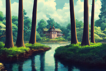 Fototapeta premium House in lake side forest in ghilbli style