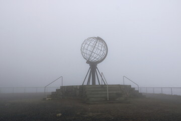 Nordkapp North Cape globe symbol on a foggy day
